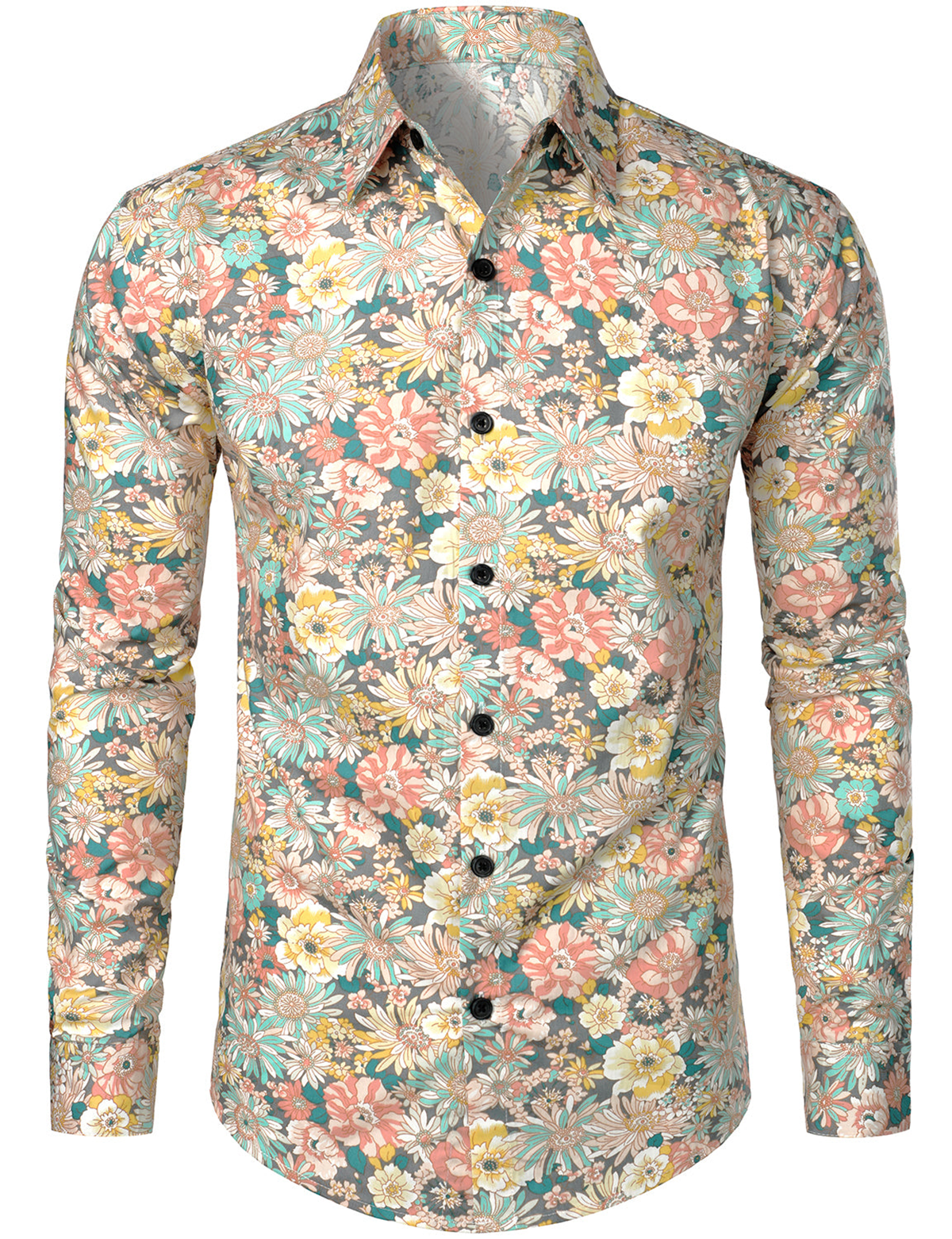 Lars | Grijs katoenen overhemd met bloemenprint