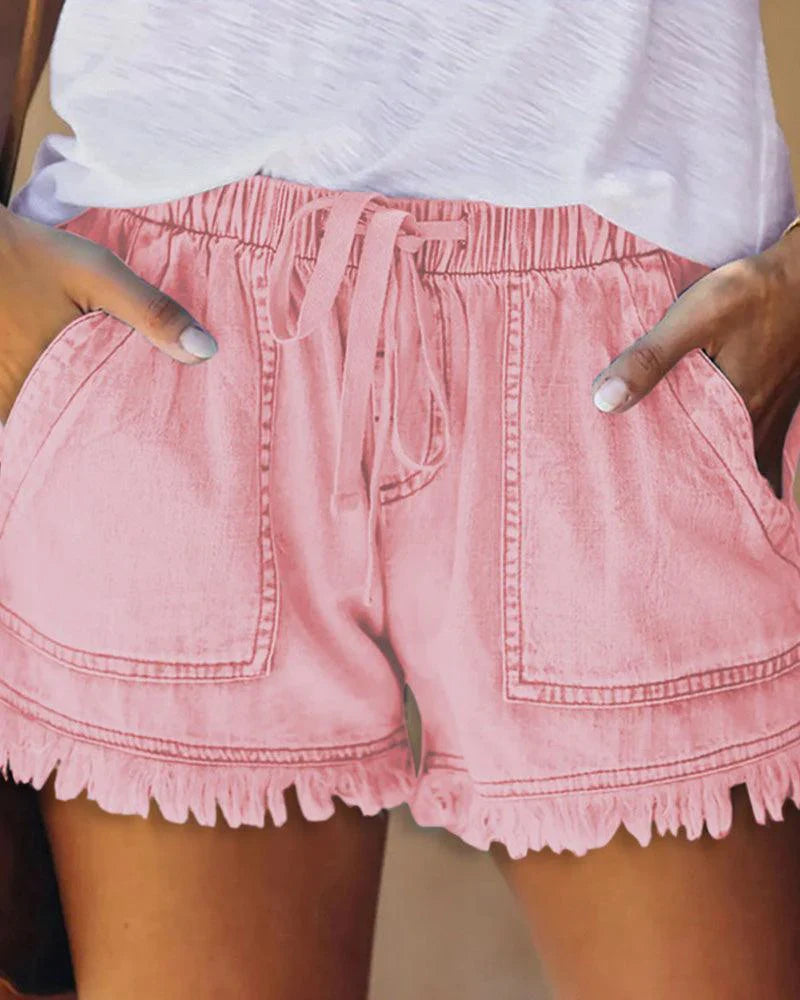 Mila | Effen denim shorts met trekkoord