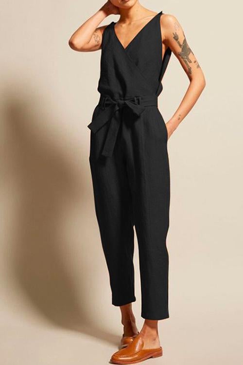 Femke | Mouwloze jumpsuit met V-hals en strik in de taille