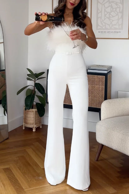 Evelien | Strapless jumpsuit met veren en flared pijpen