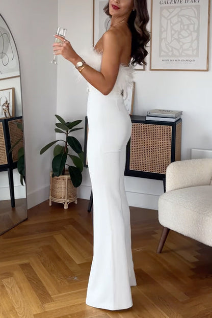 Evelien | Strapless jumpsuit met veren en flared pijpen