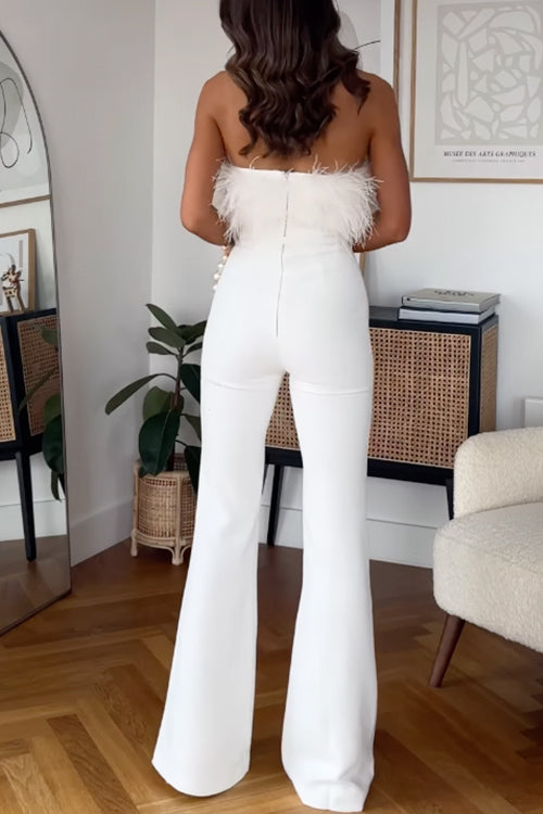 Evelien | Strapless jumpsuit met veren en flared pijpen