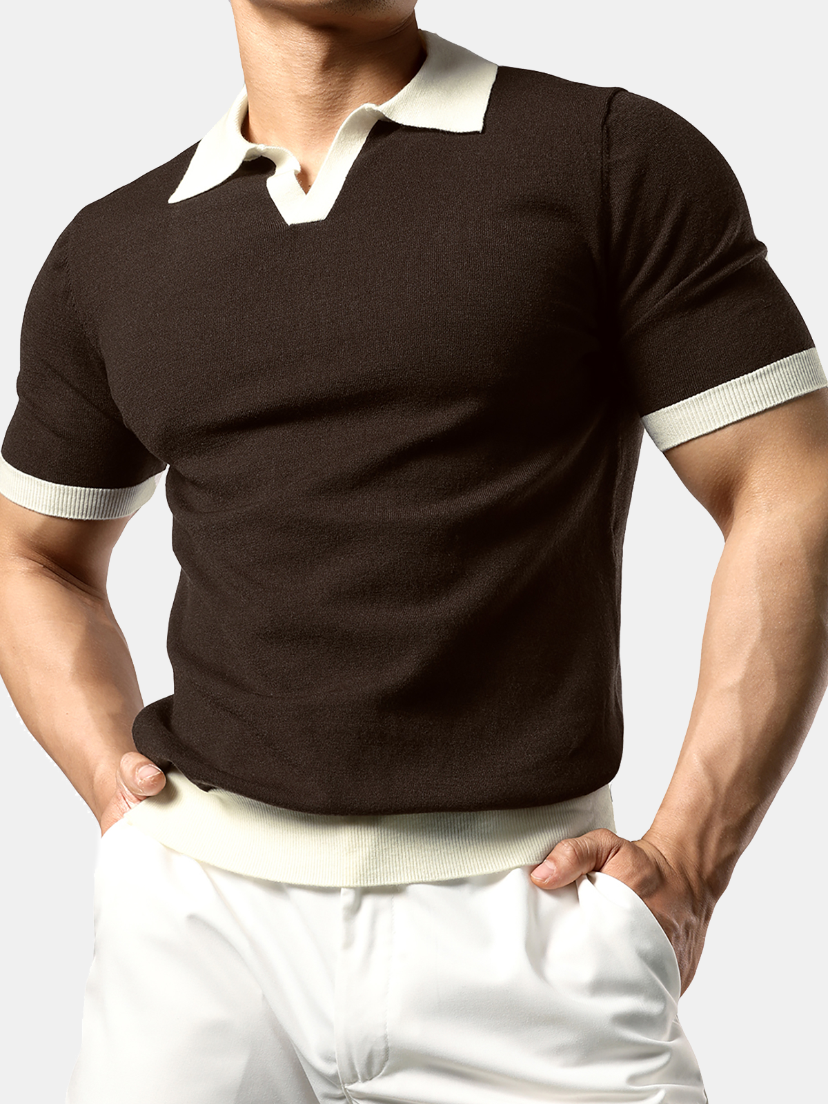 Daan | Heren V-hals gebreide polo - Slim fit - Korte mouw