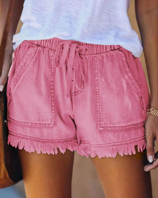 Mila | Effen denim shorts met trekkoord